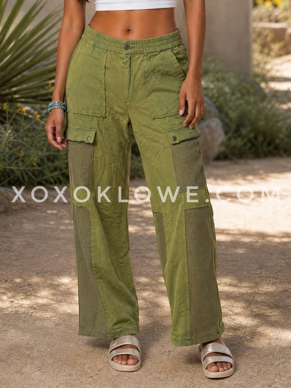 POL Olive Green French Terry Cargo Pants | Straight Leg Relaxed Fit